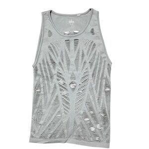 Alo Yoga Gray Vixen Muscle Tank Cut Outs Athletic Gym Workout Distressed Grunge